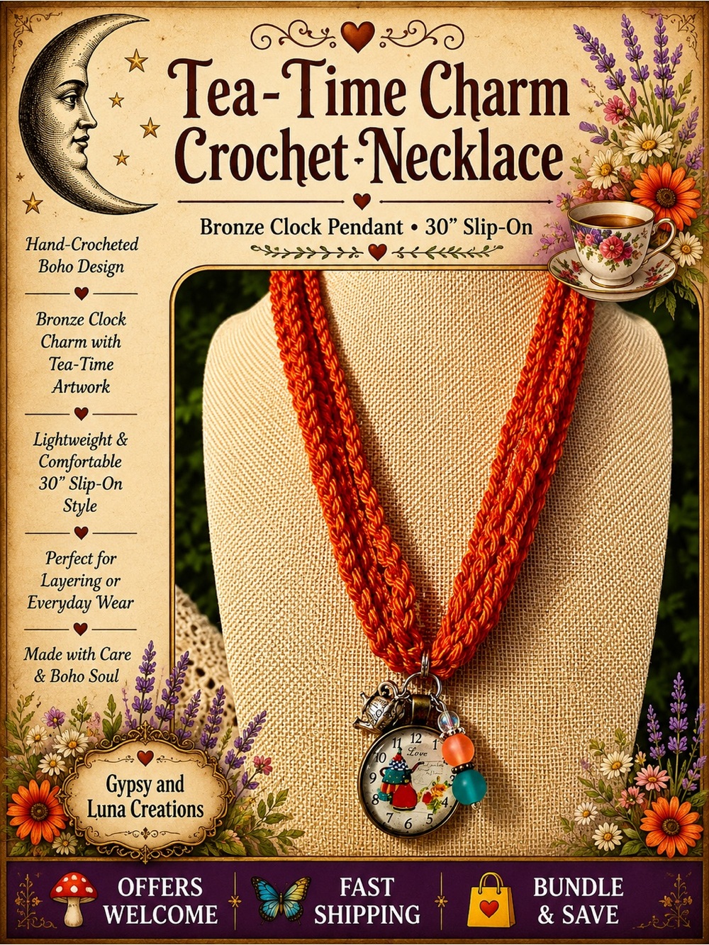 Handmade Crochet Necklace Tea‑Time Charms Bronze Clock Pendant 30”